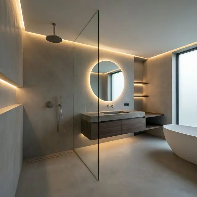 Fugenloses Badezimmer mit Mikrozement-Beschichtung in modernem Design