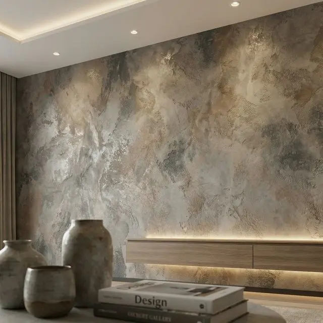 Spachteltechnik Betonoptik an einer Wohnzimmerwand von Alpin Malerei