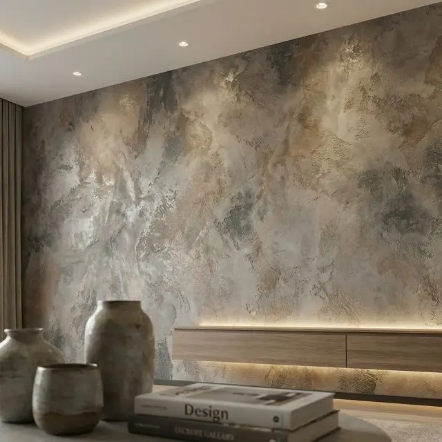 Spachteltechnik Betonoptik an einer Wohnzimmerwand von Alpin Malerei