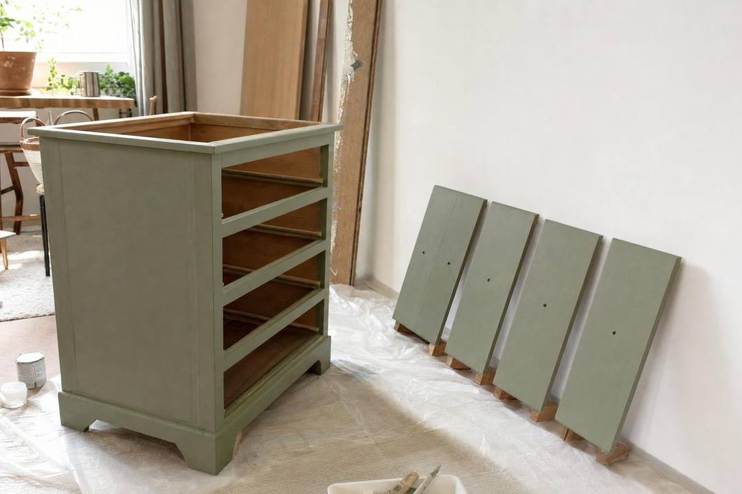 Kommode und vier ausgebaute Schubladenfronten in Salbeigrün lackiert, auf einer Abdeckfolie stehend.