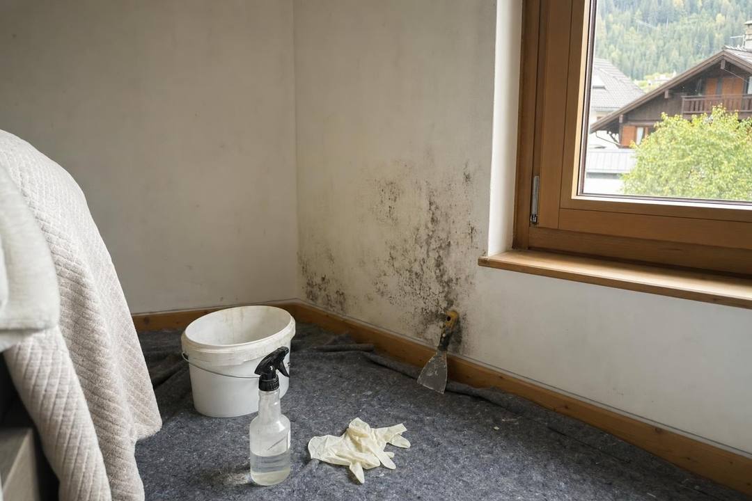 Schlafzimmerecke neben dem Fenster mit dunklem Schimmelbefall an der Wand, davor Eimer, Sprühflasche, Handschuhe und Spachtel.